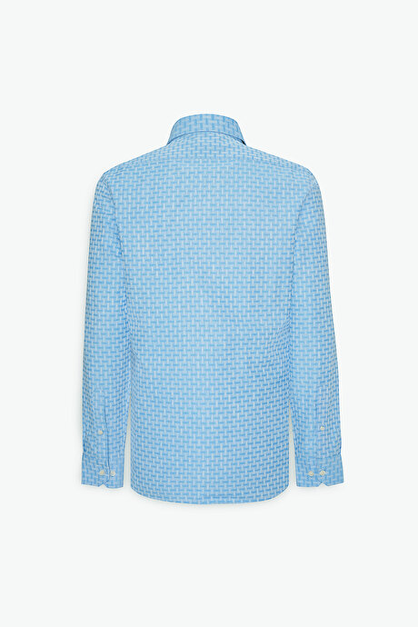 %100 Pamuk Slim Fit Dar Kesim Düğmeli Yaka Armürlü Açık Mavi Gömlek resmi