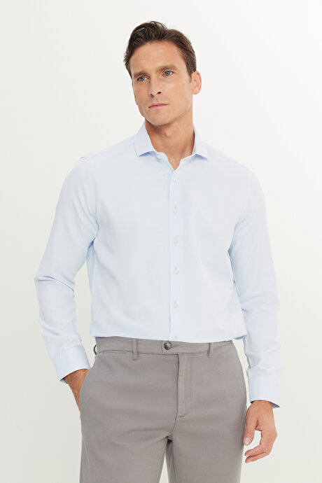 Slim Fit Dar Kesim İtalyan Yaka Armürlü Pamuklu Basic Beyaz - Mavi Gömlek resmi