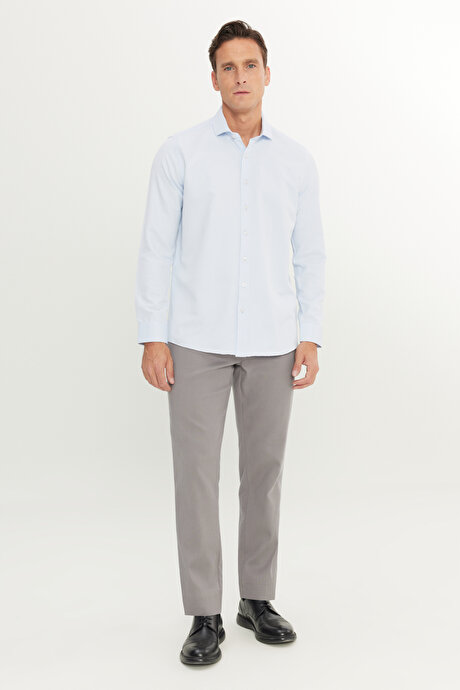 Slim Fit Dar Kesim İtalyan Yaka Armürlü Pamuklu Basic Beyaz - Mavi Gömlek resmi