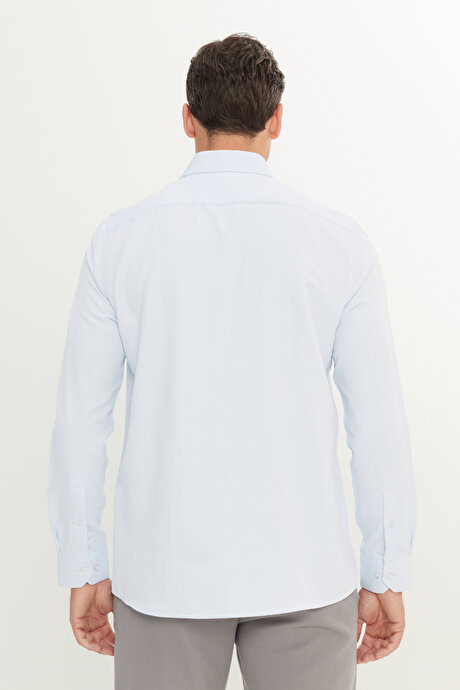 Slim Fit Dar Kesim İtalyan Yaka Armürlü Pamuklu Basic Beyaz - Mavi Gömlek resmi