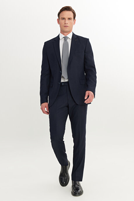 Slim Fit Dar Kesim Mono Yaka Armürlü Esnek Lacivert Takım Elbise resmi