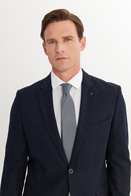 Slim Fit Dar Kesim Mono Yaka Armürlü Esnek Lacivert Takım Elbise resmi