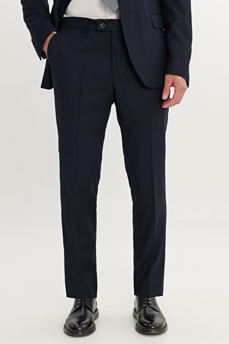 Slim Fit Dar Kesim Mono Yaka Armürlü Esnek Lacivert Takım Elbise resmi