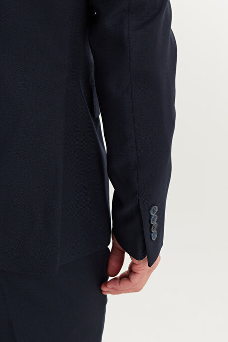 Slim Fit Dar Kesim Mono Yaka Armürlü Esnek Lacivert Takım Elbise resmi