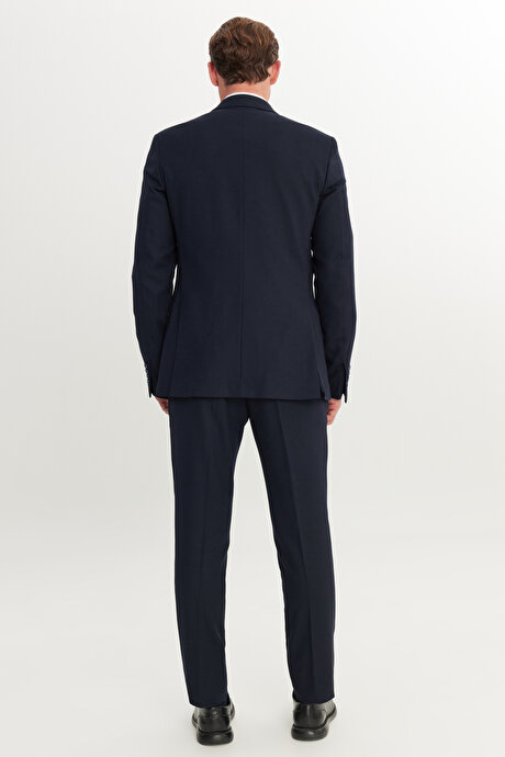 Slim Fit Dar Kesim Mono Yaka Armürlü Esnek Lacivert Takım Elbise resmi