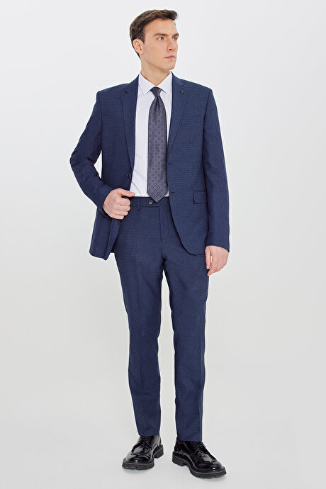 Slim Fit Dar Kesim Mono Yaka Desenli Lacivert-Mavi Takım Elbise resmi