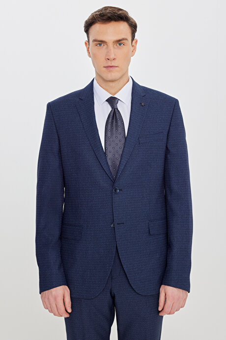 Slim Fit Dar Kesim Mono Yaka Desenli Lacivert-Mavi Takım Elbise resmi