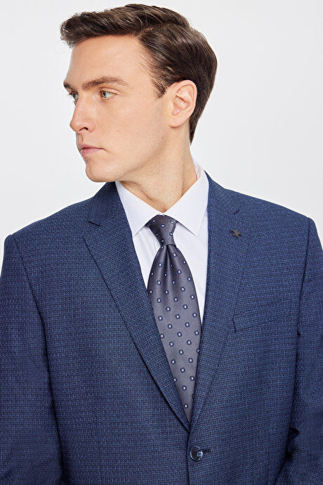 Slim Fit Dar Kesim Mono Yaka Desenli Lacivert-Mavi Takım Elbise resmi