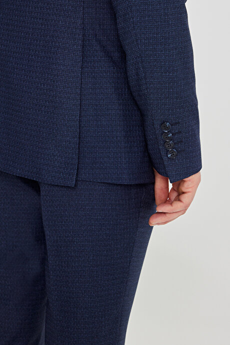 Slim Fit Dar Kesim Mono Yaka Desenli Lacivert-Mavi Takım Elbise resmi