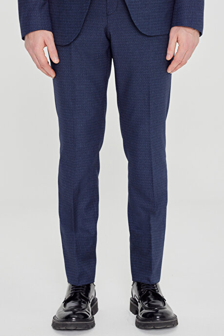 Slim Fit Dar Kesim Mono Yaka Desenli Lacivert-Mavi Takım Elbise resmi