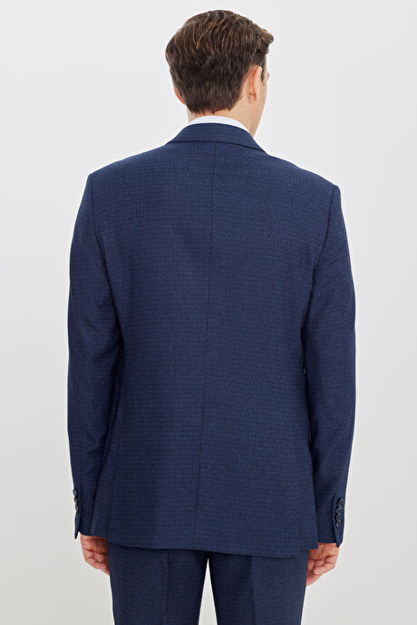 Slim Fit Dar Kesim Mono Yaka Desenli Lacivert-Mavi Takım Elbise resmi