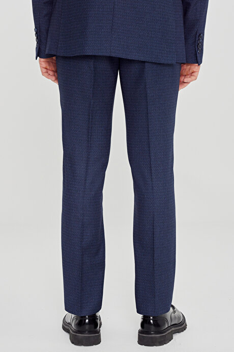 Slim Fit Dar Kesim Mono Yaka Desenli Lacivert-Mavi Takım Elbise resmi