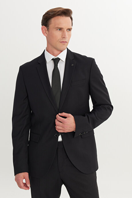 Slim Fit Dar Kesim Mono Yaka Armürlü Esnek Siyah Takım Elbise resmi