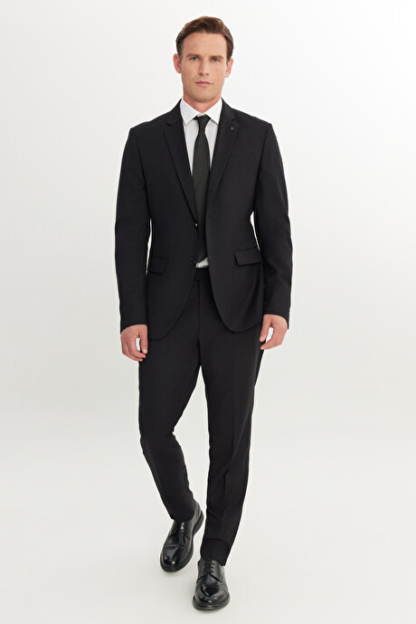 Slim Fit Dar Kesim Mono Yaka Armürlü Esnek Siyah Takım Elbise resmi