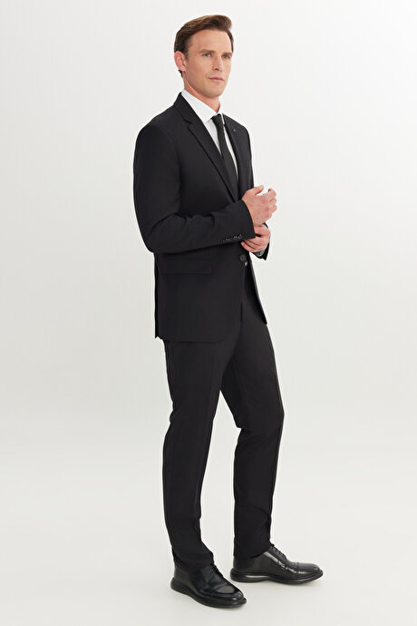 Slim Fit Dar Kesim Mono Yaka Armürlü Esnek Siyah Takım Elbise resmi