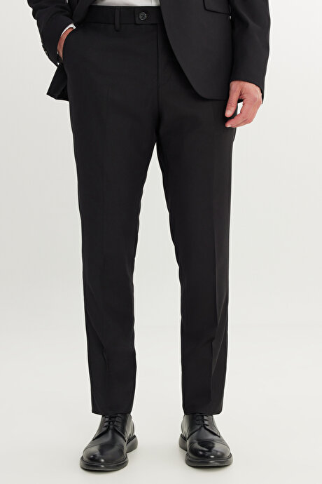 Slim Fit Dar Kesim Mono Yaka Armürlü Esnek Siyah Takım Elbise resmi