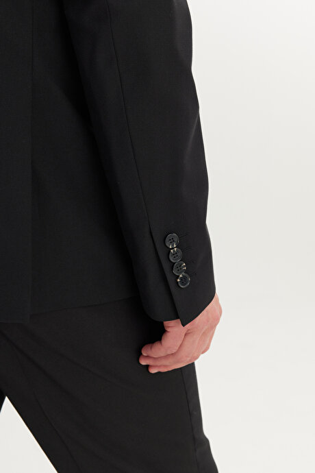 Slim Fit Dar Kesim Mono Yaka Armürlü Esnek Siyah Takım Elbise resmi