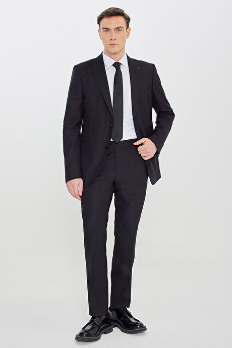 Slim Fit Kırlangıç Yaka Çizgili Esnek Siyah Takım Elbise resmi