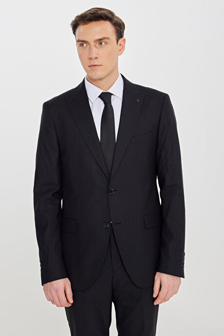 Slim Fit Kırlangıç Yaka Çizgili Esnek Siyah Takım Elbise resmi