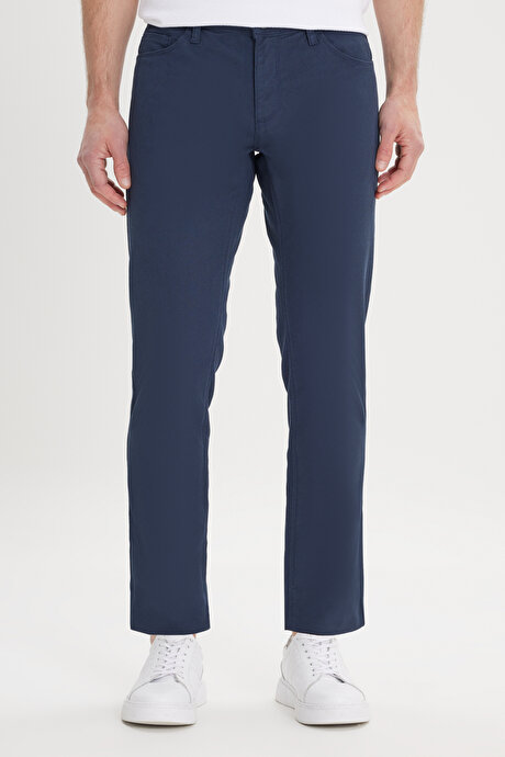 Slim Fit Dar Kesim 5 Cep Armürlü Esnek Lacivert Pantolon resmi