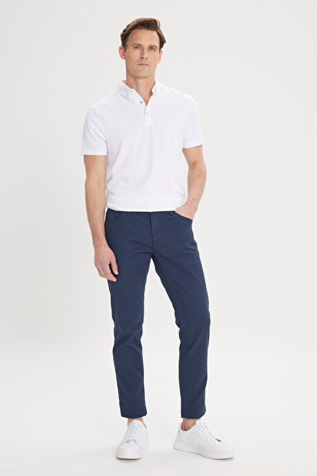 Slim Fit Dar Kesim 5 Cep Armürlü Esnek Lacivert Pantolon resmi