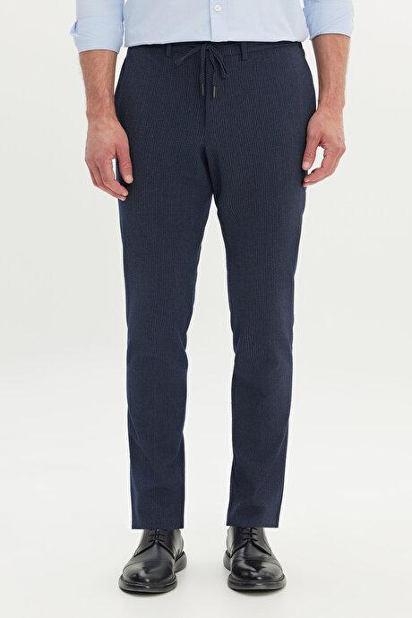 Slim Fit Dar Kesim Gofre Desenli Esnek Beli Bağlamalı Lacivert Pantolon resmi