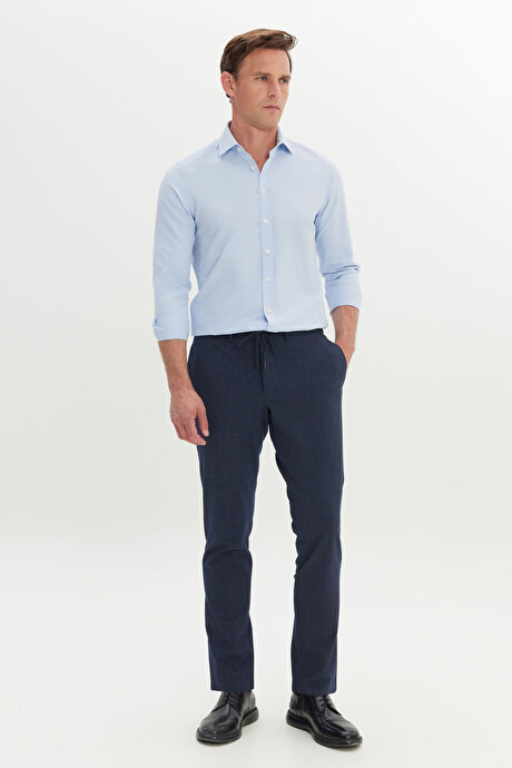 Slim Fit Dar Kesim Gofre Desenli Esnek Beli Bağlamalı Lacivert Pantolon resmi
