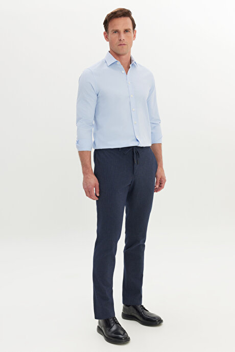 Slim Fit Dar Kesim Gofre Desenli Esnek Beli Bağlamalı Lacivert Pantolon resmi