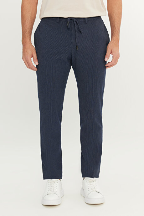 Comfort Fit Rahat Kesim Yan Cepli Desenli Beli Lastikli Lacivert Pantolon resmi