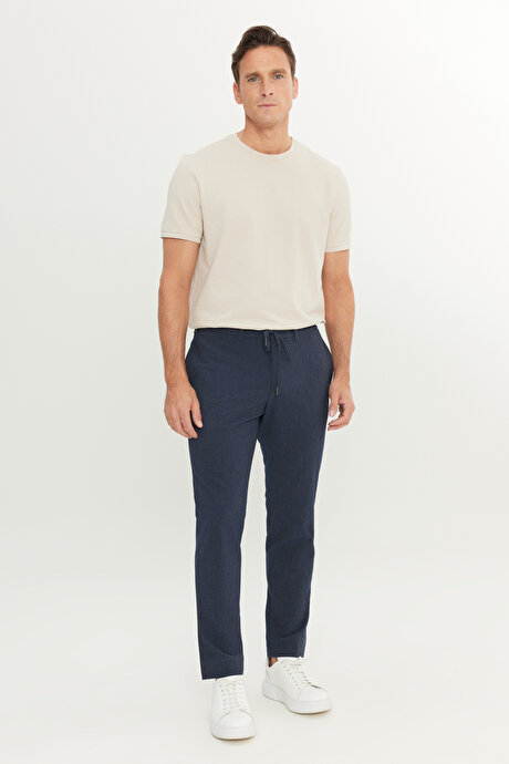 Comfort Fit Rahat Kesim Yan Cepli Desenli Beli Lastikli Lacivert Pantolon resmi