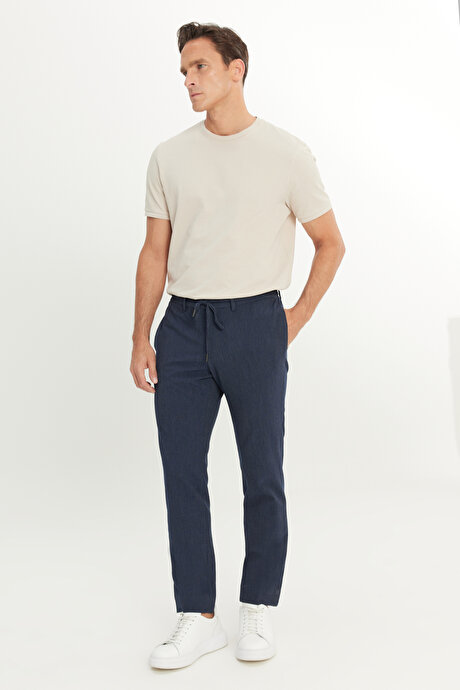 Comfort Fit Rahat Kesim Yan Cepli Desenli Beli Lastikli Lacivert Pantolon resmi