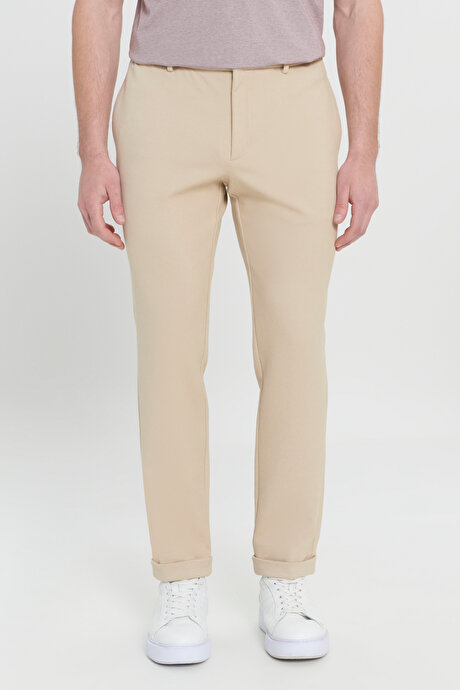 360 Derece Her Yöne Esneyen Slim Fit Dar Kesim Diagonal Desenli Beli Bağlamalı Örme Bej Pantolon resmi