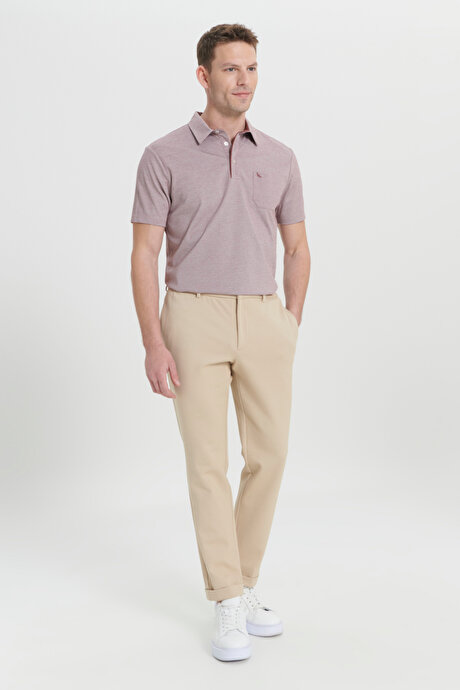 360 Derece Her Yöne Esneyen Slim Fit Dar Kesim Diagonal Desenli Beli Bağlamalı Örme Bej Pantolon resmi