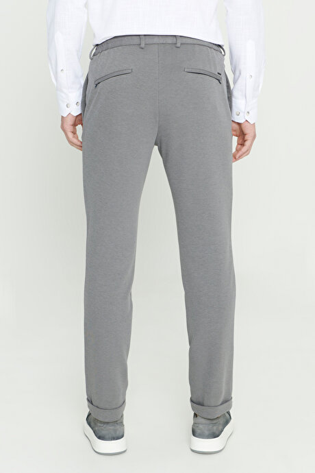 360 Derece Her Yöne Esneyen Slim Fit Dar Kesim Diagonal Desenli Beli Bağlamalı Örme Gri Pantolon resmi