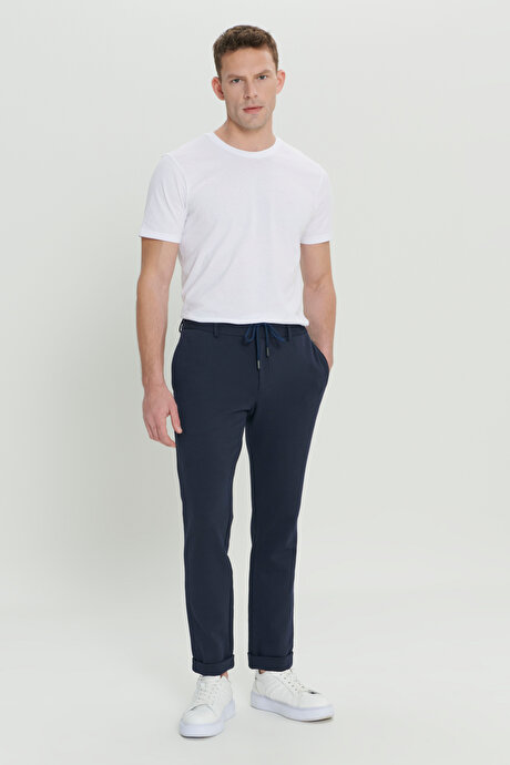 360 Derece Her Yöne Esneyen Slim Fit Dar Kesim Diagonal Desenli Beli Bağlamalı Örme Lacivert Pantolon resmi