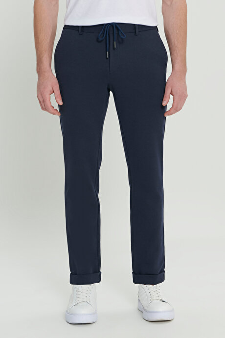 360 Derece Her Yöne Esneyen Slim Fit Dar Kesim Diagonal Desenli Beli Bağlamalı Örme Lacivert Pantolon resmi