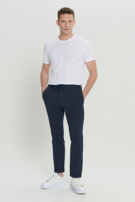 360 Derece Her Yöne Esneyen Slim Fit Dar Kesim Diagonal Desenli Beli Bağlamalı Örme Lacivert Pantolon resmi