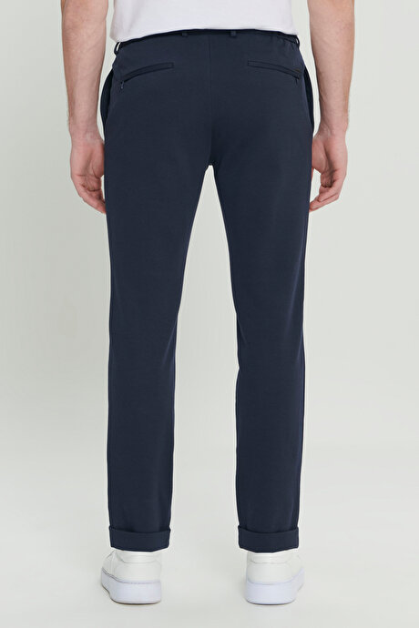 360 Derece Her Yöne Esneyen Slim Fit Dar Kesim Diagonal Desenli Beli Bağlamalı Örme Lacivert Pantolon resmi