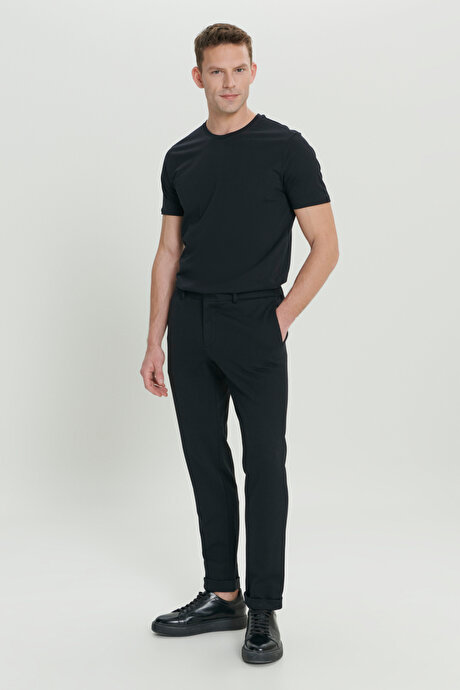 360 Derece Her Yöne Esneyen Slim Fit Dar Kesim Diagonal Desenli Beli Bağlamalı Örme Siyah Pantolon resmi