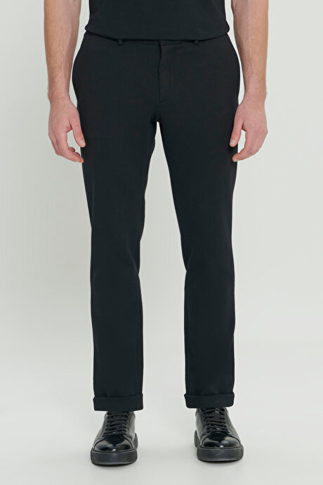 360 Derece Her Yöne Esneyen Slim Fit Dar Kesim Diagonal Desenli Beli Bağlamalı Örme Siyah Pantolon resmi