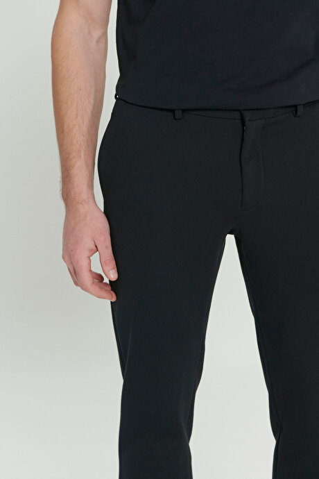 360 Derece Her Yöne Esneyen Slim Fit Dar Kesim Diagonal Desenli Beli Bağlamalı Örme Siyah Pantolon resmi