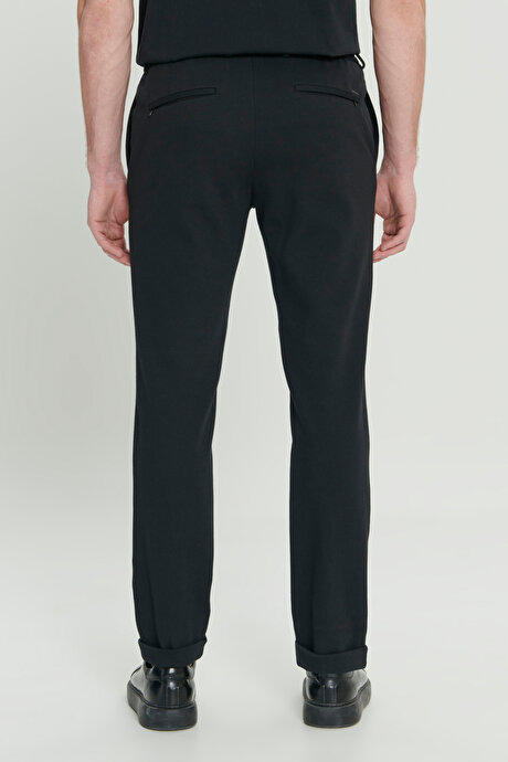 360 Derece Her Yöne Esneyen Slim Fit Dar Kesim Diagonal Desenli Beli Bağlamalı Örme Siyah Pantolon resmi