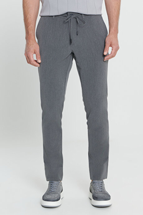 Slim Fit Dar Kesim Yan Cepli Desenli Beli Lastikli Antrasit Pantolon resmi