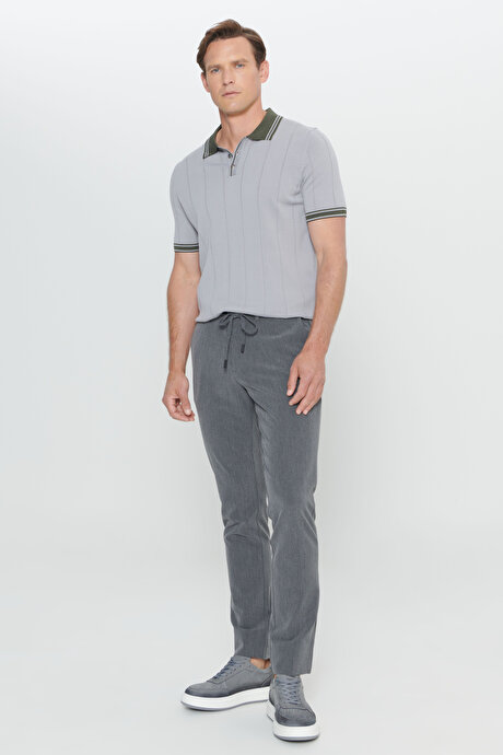 Slim Fit Dar Kesim Yan Cepli Desenli Beli Lastikli Antrasit Pantolon resmi