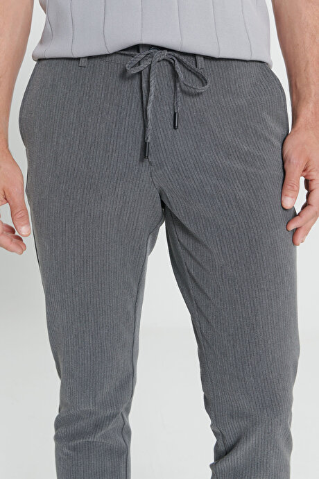Slim Fit Dar Kesim Yan Cepli Desenli Beli Lastikli Antrasit Pantolon resmi