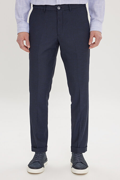 Slim Fit Dar Kesim Kuş Gözü Desenli Esnek Beli Lastikli Bağlamalı Lacivert PantolonYDA012420041LAC