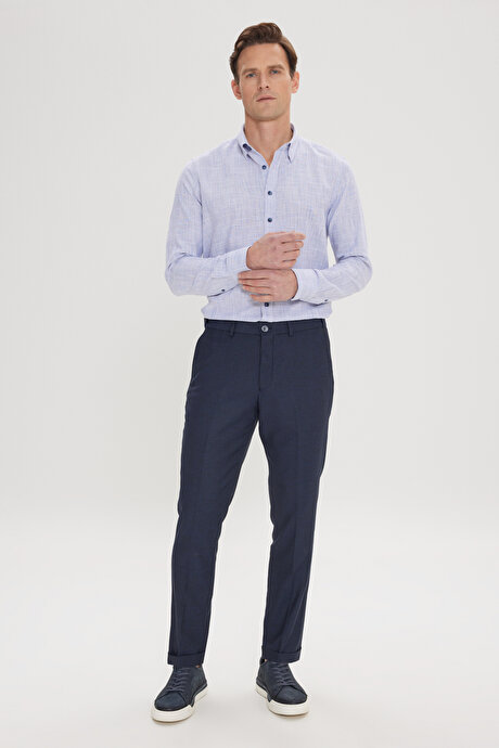 Slim Fit Dar Kesim Kuş Gözü Desenli Esnek Beli Lastikli Bağlamalı Lacivert Pantolon resmi