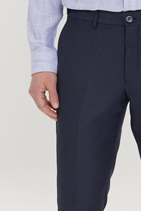 Slim Fit Dar Kesim Kuş Gözü Desenli Esnek Beli Lastikli Bağlamalı Lacivert Pantolon resmi