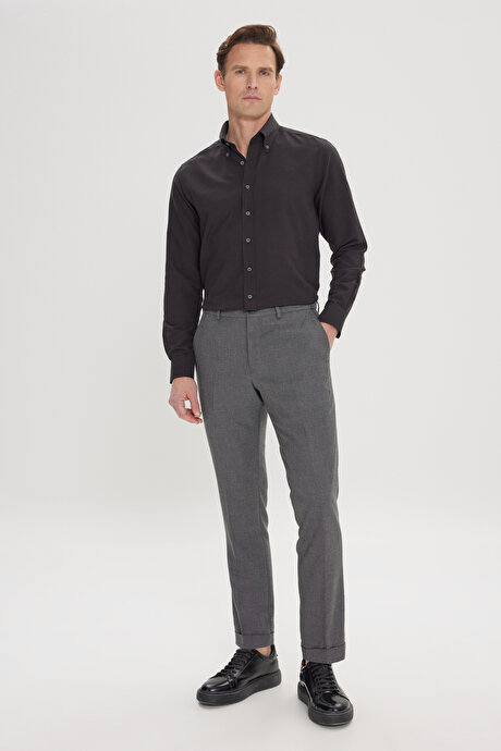 Slim Fit Dar Kesim Kuş Gözü Desenli Esnek Beli Lastikli Bağlamalı Siyah Pantolon resmi