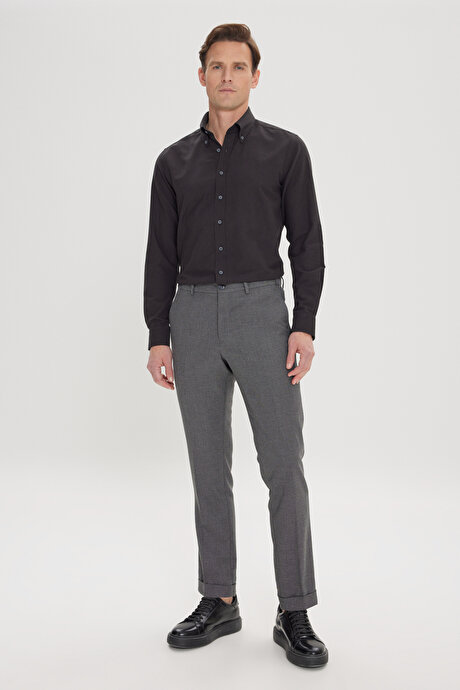 Slim Fit Dar Kesim Kuş Gözü Desenli Esnek Beli Lastikli Bağlamalı Siyah Pantolon resmi
